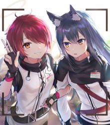 Rule 34 | 2girls, animal ear fluff, animal ears, arknights, black gloves, black hair, brown eyes, commentary request, ear piercing, exusiai (arknights), fingerless gloves, gloves, hair between eyes, hair over one eye, halo, hand up, highres, jacket, locked arms, long hair, looking at viewer, multiple girls, omelet tomato, parted lips, piercing, red hair, smile, texas (arknights), white jacket