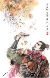 Rule 34 | armor, autumn leaves, black hair, branch, cape, chinese clothes, cup, facial hair, gauntlets, ginkgo leaf, goatee, headdress, leaf, male focus, mustache, open mouth, outlaws of the marsh, painting (medium), petals, plant, solo, song jiang, tattoo, traditional media, watercolor (medium)