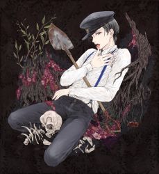 Rule 34 | 1boy, black hair, licking finger, grey eyes, highres, licking, long sleeves, looking at viewer, male focus, open mouth, original, shirt, short hair, shovel, skull, suspenders, tongue, tongue out, tree, west potato, white shirt, worktool