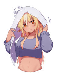 Rule 34 | 1girl, alternate costume, bare shoulders, blonde hair, blue sweater, blush, breasts, closed mouth, commentary, cropped sweater, cropped torso, dark-skinned female, dark skin, hair between eyes, highres, holding, holding towel, hololive, kintsuba (shiranui flare), long hair, long sleeves, looking at viewer, medium breasts, midriff, multicolored hair, navel, off-shoulder sweater, off shoulder, orange eyes, pointy ears, sasaki (glass1138), shiranui flare, simple background, solo, streaked hair, sweater, symbol-only commentary, towel, two-tone hair, upper body, virtual youtuber, white background, white hair