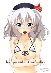 Rule 34 | 10s, 1girl, 2016, alternate costume, bare shoulders, beret, bikini, blue eyes, blush, breasts, cleavage, collarbone, covered erect nipples, dated, food in mouth, happy valentine, hat, kantai collection, kashima (kancolle), large breasts, looking at viewer, massala, micro bikini, micro bikini top, silver hair, solo, swimsuit, twitter username, underboob, upper body, wavy hair, white background, white bikini