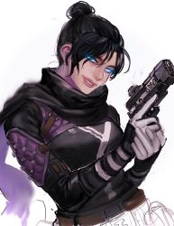 Rule 34 | 1girl, apex legends, belt, black belt, black scarf, blue eyes, breasts, glowing, glowing eyes, gun, handgun, highres, holding, holding gun, holding weapon, kani seijin, looking at viewer, medium breasts, parted lips, pistol, re-45 auto, scarf, sketch, smile, solo, unfinished, upper body, weapon, white background, wraith (apex legends)