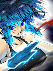 Rule 34 | 1girl, attack, blood, blue eyes, blue hair, breasts, female focus, gloves, leona heidern, snk, solo, the king of fighters, upper body