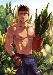 Rule 34 | 1boy, abs, bara, brown hair, bulge, denim, facial scar, flower pot, highres, holding, holding flower pot, holding pot, jeans, large pectorals, looking to the side, male focus, mocucumo, muscular, muscular male, navel, nipples, original, pants, pectorals, plant, pot, potted plant, scar, scar on cheek, scar on face, short hair, smile, solo, spiked hair, topless male