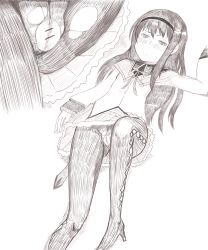 Rule 34 | 1girl, absurdres, akemi homura, arm up, bar censor, blush, bow, censored, clitoris, close-up, female focus, from above, greyscale, hair ornament, half-closed eyes, headband, high heels, highres, leggings, long hair, long sleeves, looking down, lying, mahou shoujo madoka magica, monochrome, multiple views, nakanun, no panties, on back, pleated skirt, pussy, ribbon, shirt, simple background, skirt, sweat, torn clothes, torn legwear, transparent censoring, uncensored, upskirt, urethra, white background, zoom layer