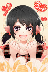 Rule 34 | 1girl, ahoge, black hair, blush, bow, copyright request, drooling, food, hair bow, heart, purple eyes, red disappointment, short twintails, solo, twintails