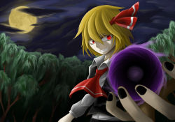 Rule 34 | 1girl, ascot, bad id, bad pixiv id, cloud, cloudy sky, energy ball, evil grin, evil smile, foreshortening, full moon, grin, hair ribbon, highres, moon, night, red eyes, ribbon, rumia, shirt, short hair, sky, smile, orb, touhou, tree, vest, wi suzu