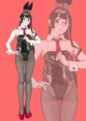 Rule 34 | 1girl, absurdres, animal ears, armpit crease, bare shoulders, black hair, black leotard, black pantyhose, breasts, closed mouth, commentary request, detached collar, full body, high heels, highleg, highleg leotard, highres, kantai collection, leotard, long hair, looking at viewer, necktie, ojipon, ooyodo (kancolle), pantyhose, playboy bunny, red footwear, red necktie, semi-rimless eyewear, small breasts, smile, solo, wrist cuffs