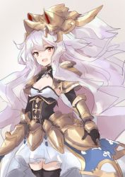 Rule 34 | 1girl, armor, armored dress, blunt bangs, blush, breasts, crown, fang, gloves, granblue fantasy, headpiece, light purple hair, long hair, looking at viewer, medusa (shingeki no bahamut), open mouth, pointy ears, red eyes, shingeki no bahamut, shoulder armor, simple background, sketch, small breasts, smile, solo, thighhighs, yu-ves