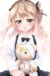 Rule 34 | 1girl, black bow, black bowtie, black ribbon, black skirt, blush, boko (girls und panzer), bow, bowtie, brown eyes, casual, collared shirt, commentary request, girls und panzer, hair ribbon, high-waist skirt, holding, holding stuffed toy, layered skirt, light brown hair, light frown, long hair, long sleeves, looking at viewer, mini dang01, one side up, parted lips, partial commentary, ribbon, shimada arisu, shirt, skirt, solo, standing, stuffed animal, stuffed toy, suspender skirt, suspenders, teddy bear, white shirt, wind