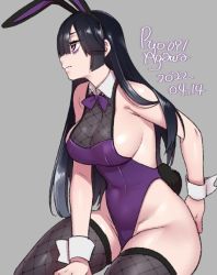 Rule 34 | 1girl, agawa ryou, animal ears, armpit peek, bags under eyes, bare shoulders, black hair, black thighhighs, bow, bowtie, breasts, commentary, covered navel, cowboy shot, english commentary, fishnet thighhighs, fishnets, grey background, hair over one eye, highleg, highleg leotard, large breasts, leotard, long hair, original, playboy bunny, purple bow, purple bowtie, purple eyes, purple leotard, rabbit ears, rabbit tail, sideboob, simple background, sitting, solo, straight hair, tail, thighhighs, traditional bowtie, wing collar, wrist cuffs