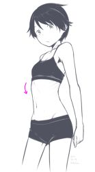 Rule 34 | 10s, 1girl, arrow (projectile), kantai collection, kawashina (momen silicon), looking at viewer, mogami (kancolle), monochrome, navel, ribs, short hair, signature, simple background, sketch, solo, underwear, white background