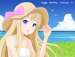 Rule 34 | 1girl, bare shoulders, bird, blonde hair, blue eyes, blue sky, blush, bow, cloud, cloudy sky, collarbone, dress, eyebrows, grass, hand up, hat, jophiel, k-on!, kotobuki tsumugi, long hair, looking at viewer, open mouth, outdoors, pink bow, sky, sleeveless, sleeveless dress, smile, solo, sundress, upper body