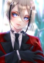 Rule 34 | 1boy, absurdres, black hair, blonde hair, blue eyes, closed mouth, collared shirt, crossed arms, facing viewer, formal, gloves, highres, hyuuga masamune, long sleeves, looking to the side, male focus, multicolored hair, necktie, red suit, shirt, short hair, solo, suit, touken ranbu, white shirt, zasikirou