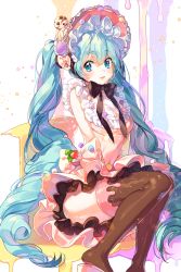 Rule 34 | 1girl, :d, black bow, black bowtie, black thighhighs, blue eyes, blue hair, bonnet, bow, bowtie, curly hair, dress, food, food-themed clothes, food-themed hair ornament, frills, fruit, hair ornament, hatsune miku, ice cream, long hair, matching hair/eyes, ninee, nishita, open mouth, sitting, smile, solo, sprinkles, strawberry, thighhighs, twintails, very long hair, vocaloid
