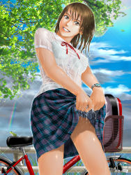 Rule 34 | 1girl, bag, bicycle, brown eyes, brown hair, cloud, cloudy sky, day, frog, grin, highres, lipstick, makeup, neck ribbon, original, plaid, plaid skirt, rainbow, red ribbon, ribbon, school bag, school uniform, see-through, short sleeves, skirt, sky, smile, solo, toten (der fuhrer), upskirt, watch, wet, wet clothes, wringing clothes
