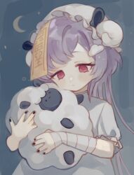 Rule 34 | 1girl, 750x077, closed mouth, dress, frills, genshin impact, hair ornament, hat, holding, hugging object, jiangshi, long hair, looking down, puffy short sleeves, puffy sleeves, purple eyes, purple hair, qiqi (genshin impact), sad, short sleeves, sidelocks, solo, stuffed animal, stuffed toy, upper body, very long hair, white dress, white hat