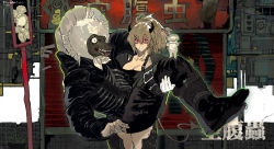 Rule 34 | 1boy, 1girl, :d, adult baby, apron, black apron, black jumpsuit, blonde hair, bonnet, breasts, caiman (dorohedoro), carrying, chaps, cleavage, creature, day, demon girl, demon horns, demon tail, dorohedoro, dumpling, food, furry, furry male, gyoza man, highres, horns, jiaozi, jumpsuit, light brown hair, lizardman, long hair, nano (c175311), nikaidou (dorohedoro), object head, open mouth, outdoors, plant, potted plant, princess carry, red eyes, smile, spoilers, standing, storefront, surprised, tail, wide-eyed