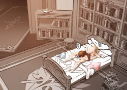 Rule 34 | 1boy, 1girl, 69, aether (genshin impact), amber (genshin impact), bed, bed sheet, bedroom, blonde hair, book, book stack, bookcase, bookshelf, brown hair, completely nude, full body, genshin impact, happy sex, hetero, highres, indoors, lying, nude, on back, on bed, oral, pillow, royboy, rug, sex, speech bubble, spot color, stool