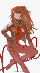 Rule 34 | 1girl, blue eyes, bodysuit, breasts, evangelion: 3.0 you can (not) redo, eyepatch, frown, hand in pocket, highres, jacket, k00s, looking to the side, neon genesis evangelion, one eye covered, pilot suit, plugsuit, rebuild of evangelion, red bodysuit, red jacket, sitting, small breasts, solo, souryuu asuka langley, track jacket, two side up, white background