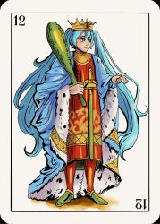 1girl aqua_eyes aqua_hair blue_cape cape card card_game clothing_request crown dreemen hatsune_miku highres king_of_wands long_hair solo spain sword twintails very_long_hair vocaloid weapon worldwide_miku