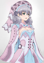 Rule 34 | 1girl, blush, breasts, cape, curly hair, dress, gradient background, green eyes, grey background, hat, head wings, highres, kazuma muramasa, long hair, melia antiqua, nintendo, parted lips, purple cape, purple dress, purple hat, silver hair, small breasts, wings, xenoblade chronicles (series), xenoblade chronicles 1