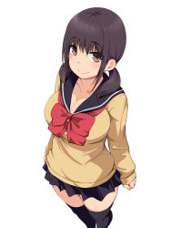 Rule 34 | smile, arms at sides, black sailor collar, black skirt, black thighhighs, bow, breasts, brown eyes, brown hair, cleavage, closed mouth, feet out of frame, from above, large breasts, legs together, light blush, long sleeves, looking at viewer, looking up, medium hair, miniskirt, original, pleated skirt, red bow, sailor collar, school uniform, serafuku, shii (eve), short twintails, sidelocks, skirt, sleeves past wrists, smile, standing, sweater, thighhighs, thighs, twintails, white background, zettai ryouiki