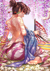 Rule 34 | absurdres, barefoot, bug, burn scar, earrings, feathers, hair bun, hand fan, highres, inuyasha, japanese clothes, jewelry, kagura (inuyasha), kimono, looking at viewer, looking back, pointy ears, ponytail, red eyes, scar, single hair bun, soles, spider, toes, topless, yougenko