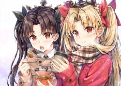 Rule 34 | 2girls, black hair, blonde hair, bow, breath, chicken nuggets, cupping hands, ereshkigal (fate), fate/grand order, fate (series), food, glass, hair bow, hair ornament, ishtar (fate), jacket, koyuki (kotatsu358), long hair, multiple girls, open mouth, own hands together, red eyes, scarf, smile, snowing, twintails