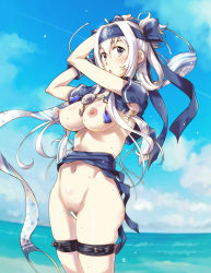 Rule 34 | 1girl, ainu clothes, bandana, beach, blue eyes, blue sky, blush, bottomless, breasts, censored, unworn clothes, cloud, commentary request, cropped jacket, day, dress, female pubic hair, folded ponytail, groin, hair between eyes, headband, holding, holding clothes, kamoi (kancolle), kantai collection, large breasts, long hair, long sleeves, looking at viewer, navel, nipples, open mouth, outdoors, photoshop (medium), pubic hair, pussy, sameha ikuya, sidelocks, skindentation, sky, sleeveless, sleeveless dress, solo, stomach, sweat, thick eyebrows, white dress, white hair, wrist guards