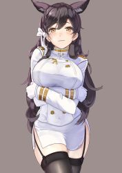 Rule 34 | 1girl, :d, absurdres, aiguillette, animal ears, arm at side, atago (azur lane), azur lane, black hair, black thighhighs, breasts, brown background, brown eyes, brown footwear, buttons, commentary request, cowboy shot, epaulettes, eyelashes, garter straps, gloves, gradient background, hair between eyes, hair ornament, hair ribbon, half-closed eyes, hand up, hifumi 1235, highres, large breasts, legs together, long hair, long sleeves, looking at viewer, military, military uniform, miniskirt, mole, mole under eye, open mouth, panties, pencil skirt, pulling own clothes, ribbon, side-tie panties, side slit, signature, simple background, sitting, skindentation, skirt, smile, solo, standing, strap pull, swept bangs, tareme, thighhighs, turtleneck, underwear, uniform, untied panties, very long hair, white gloves, white ribbon, white skirt, wide hips, yellow eyes