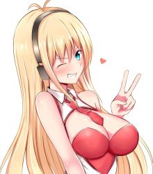 Rule 34 | 1girl, ;d, antenna hair, aqua eyes, bare shoulders, baretto (karasi07), black hairband, blonde hair, blush, breasts, cleavage, cleavage cutout, clothing cutout, grin, hairband, heart, highres, large breasts, long hair, looking at viewer, necktie, one eye closed, open mouth, red necktie, simple background, smile, solo, straight hair, teeth, tsurumaki maki, upper body, v, v-shaped eyebrows, very long hair, voiceroid, white background, wing collar