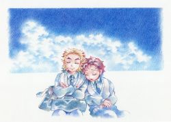 Rule 34 | 2boys, bag, blonde hair, blue necktie, blue shirt, blue sky, blue theme, closed mouth, cloud, collared shirt, crossed arms, day, facing viewer, feet out of frame, forked eyebrows, head on another&#039;s shoulder, head rest, kamado sumihiko, kimetsu no yaiba, long sleeves, male focus, multicolored hair, multiple boys, necktie, open mouth, own hands together, painting (medium), red hair, rengoku toujurou, school bag, school uniform, shirt, short hair, side-by-side, sitting, sky, sleeping, sleeping upright, smile, snoring, streaked hair, sweater vest, traditional media, tsuyu (hitotose), watercolor (medium), white background