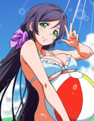 Rule 34 | 10s, 1girl, ball, beachball, bikini, blush, breast rest, breasts, cleavage, female focus, ginmaru, gradient background, green eyes, highres, large breasts, long hair, looking at viewer, love live!, love live! school idol festival, love live! school idol project, purple hair, smile, solo, swimsuit, tojo nozomi, twintails, underboob, very long hair, w