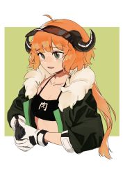 Rule 34 | 1girl, absurdres, ahoge, arknights, black camisole, black coat, blush, breasts, camisole, chinese commentary, cleavage, coat, collarbone, cow horns, croissant (arknights), crop top, fang, fur-trimmed coat, fur trim, gloves, green background, green eyes, halterneck, halterneck, highres, horns, long hair, midriff, open mouth, orange hair, own hands together, ponytail, rui (1079069837), simple background, small breasts, solo, spaghetti strap, upper body, visor cap, white gloves