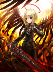 Rule 34 | 1girl, adapted costume, blonde hair, commentary request, darkness, ex-rumia, expressionless, fire, halo, highres, holding, holding sword, holding weapon, jacket, red eyes, rumia, short hair, spark621, sword, touhou, weapon, wings
