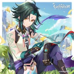 Rule 34 | 1boy, absurdres, ahoge, aqua hair, arm tattoo, artist request, bead necklace, beads, black hair, closed mouth, cloud, commentary, day, english commentary, facial mark, flower, forehead mark, genshin impact, ginkgo leaf, gloves, grass, highres, holding, holding leaf, jewelry, leaf, logo, looking at viewer, male focus, mountain, multicolored hair, necklace, official art, outdoors, sitting, sky, solo, tattoo, vision (genshin impact), xiao (genshin impact), yellow eyes