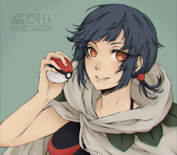 Rule 34 | 1girl, artist name, bad id, bad pixiv id, bare arms, black hair, cloak, creatures (company), earrings, eyes visible through hair, fire-akra, game freak, hand up, holding, holding poke ball, hood, hood down, hooded cloak, jewelry, lips, looking at viewer, low ponytail, nintendo, orange eyes, parted lips, poke ball, poke ball (basic), pokemon, pokemon oras, ponytail, short hair, short ponytail, sleeveless, smile, solo, upper body, zinnia (pokemon)