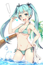 Rule 34 | !, 1girl, aqua hair, bad id, bad pixiv id, bikini, blue eyes, blue sky, breasts, collarbone, creatures (company), drooling, eyelashes, game freak, groin, hair ornament, hair ribbon, halterneck, hand on own hip, hatsune miku, highres, holding, holding towel, long hair, medium breasts, nintendo, ocean, open mouth, palm tree, poke ball symbol, pokemon, revision, ribbon, sky, snapping fingers, solo, sparkle, stomach, string bikini, striped bikini, striped clothes, summer, swimsuit, tattoo, towel, tree, twintails, underboob, vocaloid, wading, water drop, white background, z shichao