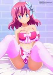 Rule 34 | 1girl, absurdres, bed, bedroom, blue eyes, blue panties, blush, bow, breasts, brick wall, character name, cleavage, collarbone, colored eyelashes, copyright name, derivative work, detached sleeves, hair between eyes, hair bow, hand on own chest, highres, large breasts, long hair, looking at viewer, maid, midriff, navel, no game no life, panties, pantyshot, pink hair, pink shirt, pink skirt, pink thighhighs, self-upload, shirt, short sleeves, sitting, skirt, socks, solo, stephanie dora, strapless, thighhighs, tube top, underwear, wall, zel-sama