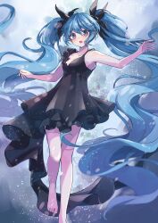Rule 34 | 1girl, absurdres, animal, asymmetrical dress, barefoot, black dress, blue eyes, blue hair, blush, breasts, bubble, commentary request, dress, feet, floating, frilled dress, frills, hair ornament, hatsune miku, highres, long hair, nagitofuu, open mouth, outstretched arms, shinkai shoujo (vocaloid), sideboob, sleeveless, sleeveless dress, solo, toenails, toes, twintails, underwater, very long hair, vocaloid, water