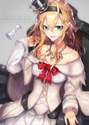 Rule 34 | 10s, 1girl, bad id, bad pixiv id, blonde hair, blue eyes, braid, breasts, character name, chess piece, cleavage, crown, dress, english text, french braid, hair between eyes, highres, jewelry, kantai collection, large breasts, long hair, mini crown, necklace, off-shoulder dress, off shoulder, queen (chess), ribbon, sitting, smile, solo, warspite (kancolle), yakusuke