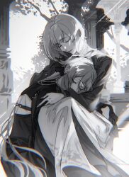 Rule 34 | 1boy, 1girl, androgynous, ankou (shuuen no virche), bishounen, bow, ceres (shuuen no virche), closed eyes, dress, greyscale, hair bow, highres, hug, long hair, long sleeves, male focus, monochrome, parted lips, rendong06, short sleeves, shuuen no virche, teeth, tree, twitter username