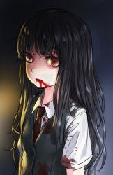 Rule 34 | 1girl, black hair, blood, blood from mouth, blood on clothes, blood on face, broiler, collared shirt, expressionless, fang, highres, long hair, looking at viewer, necktie, original, parted lips, red eyes, shirt, solo, upper body, vest, white shirt