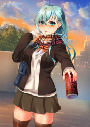 Rule 34 | 10s, 1girl, aqua eyes, aqua hair, bad id, bad pixiv id, blouse, blush, breasts, breath, brown thighhighs, building, can, canned coffee, drink can, enpera, green eyes, green hair, hair ornament, hairclip, jacket, kantai collection, lasts, lips, long hair, looking at viewer, matching hair/eyes, medium breasts, parted lips, scarf, school uniform, shirt, skirt, solo, standing, suzuya (kancolle), sweater, thighhighs, zettai ryouiki