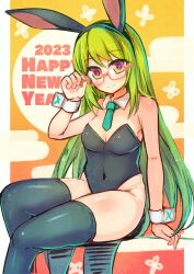 Rule 34 | 1girl, 2023, animal ears, arm support, bare shoulders, black hairband, black leotard, black thighhighs, blue necktie, breasts, chinese zodiac, cleavage, closed mouth, collar, commentary request, covered navel, detached collar, egasumi, fake animal ears, feet out of frame, green hair, hairband, hand up, happy new year, highres, ico (green bullet), kimidori (ico), leotard, long hair, medium breasts, necktie, new year, original, playboy bunny, rabbit ears, red-framed eyewear, semi-rimless eyewear, short necktie, sitting, smile, solo, strapless, strapless leotard, thighhighs, under-rim eyewear, very long hair, white collar, wrist cuffs, year of the rabbit