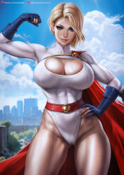 belt blonde_hair blue_eyes blue_gloves breasts cape cleavage colorized commentary_request dandon_fuga dc_comics gloves hand_on_own_hip highres large_breasts looking_at_viewer muscular muscular_female power_girl red_belt red_cape short_hair smile tagme thick_thighs thighs