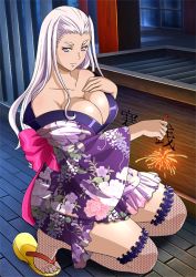 Rule 34 | 00s, 1girl, breasts, cleavage, feet, himiko (ikkitousen), ikkitousen, japanese clothes, kimono, large breasts, long hair, official art, pink ribbon, purple eyes, purple hair, ribbon, sandals, solo