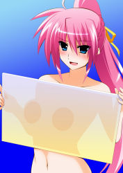 Rule 34 | 1girl, against glass, blue background, blue eyes, breast press, breasts on glass, collarbone, engo (aquawatery), floating hair, gradient background, hair between eyes, hair ribbon, high ponytail, holding, long hair, lyrical nanoha, mahou shoujo lyrical nanoha, mahou shoujo lyrical nanoha a&#039;s, navel, nude, pink hair, ribbon, signum, solo, stomach, very long hair, yellow ribbon