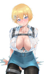 Rule 34 | 1girl, absurdres, areola slip, arm support, belt, black panties, black pantyhose, blonde hair, blue belt, blue eyes, blue skirt, blush, breasts, buckle, cleavage, collarbone, collared shirt, commentary request, cowboy shot, doweki, eyebrows hidden by hair, girls&#039; frontline, hair between eyes, hair ornament, head tilt, highres, large breasts, long sleeves, looking at viewer, miniskirt, mole, mole on breast, mole under eye, nose blush, panties, pantyhose, pantyshot, parted lips, pouch, shirt, shirt tucked in, short hair, sidelocks, simple background, sitting, skirt, snap-fit buckle, snowflake hair ornament, solo, sweat, tears, thigh pouch, thighband pantyhose, torn clothes, torn pantyhose, torn shirt, unbuttoned, unbuttoned shirt, underwear, vsk-94 (girls&#039; frontline), white background, white shirt